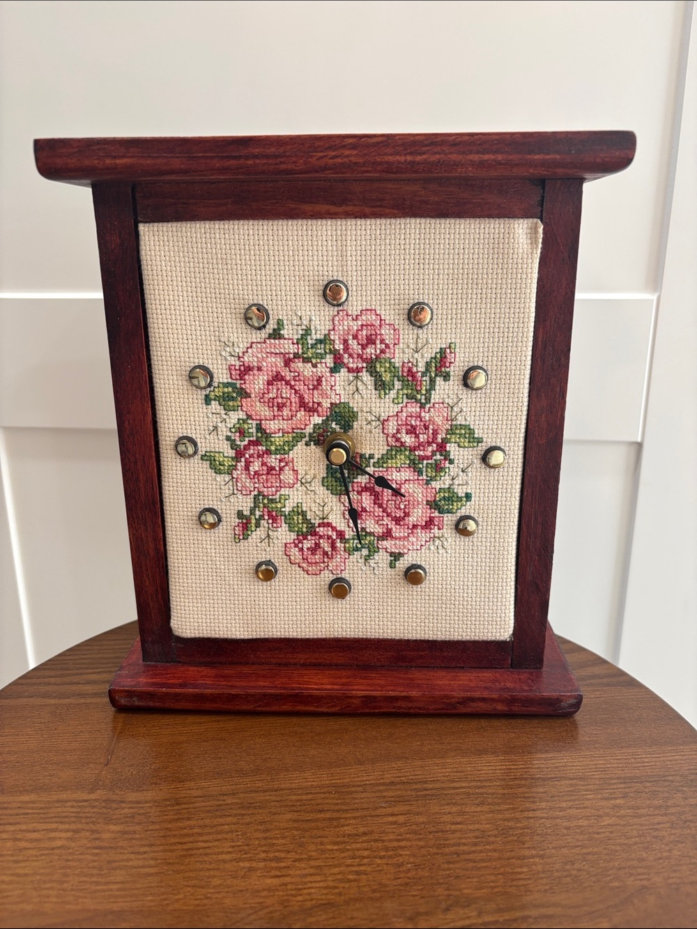 Floral Cross-Stitch Clock in Dark Wood Frame